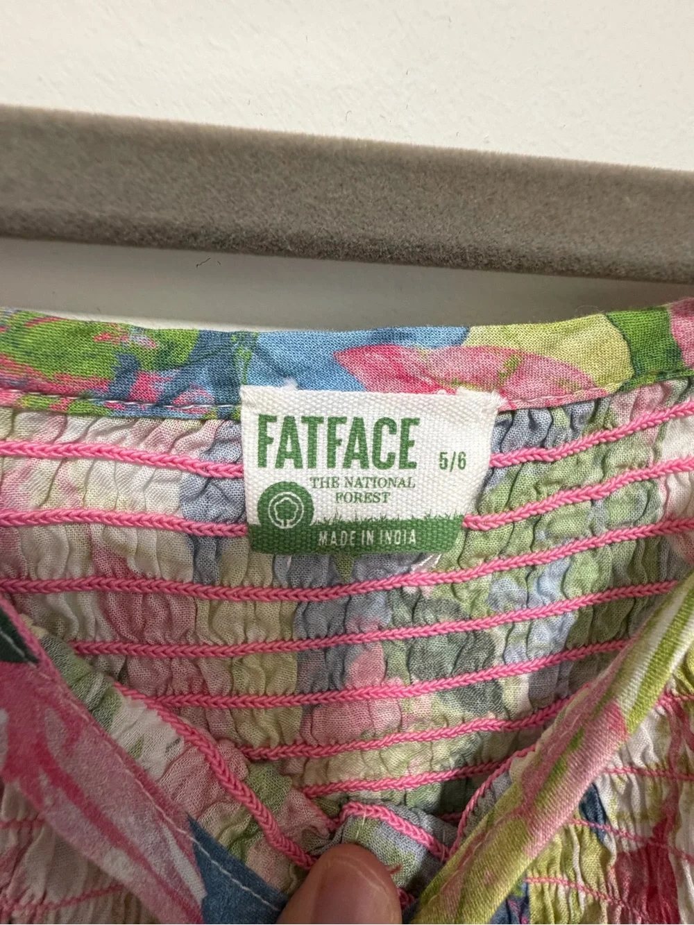 Fat Face Girls' Leaf Print Smocked Sundress in Green & Pink & Blue